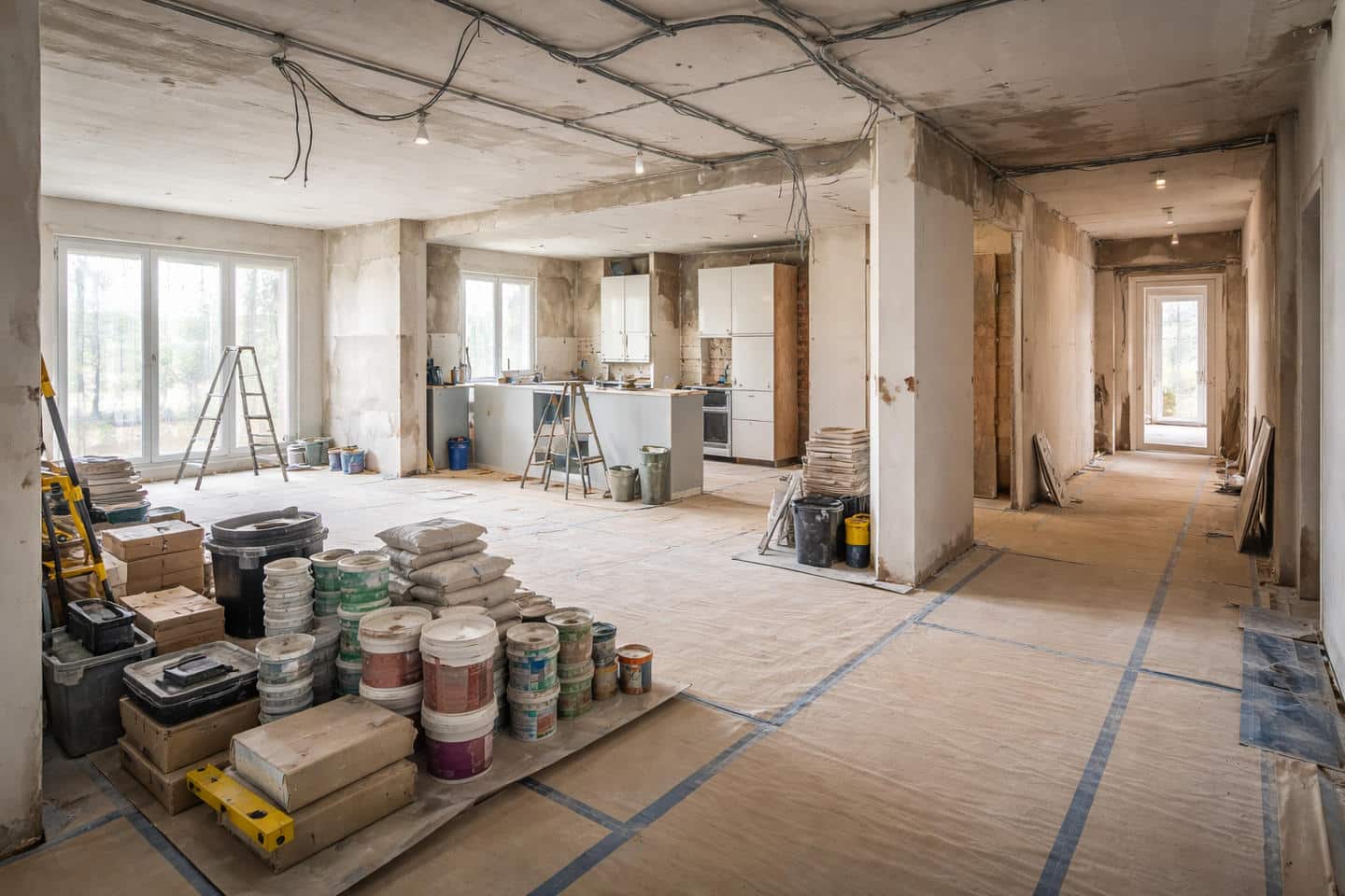 vista de una vivienda en proceso de reforma integral con salon y cocina abierta